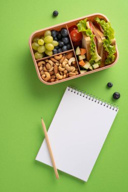 Sandviç, fındık, meyve içeren bir beslenme çantasının üst dikey görüntüsü, bir defter ve kalemle birlikte.