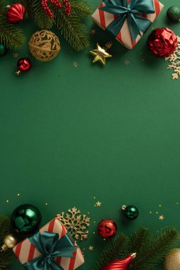 Parlak ve şenlikli dikey Noel süslemeleri altın süsler, paketlenmiş hediyeler ve yeşil bir zemin üzerinde yeşillik, tatil teması ve kutlama tasarımları için mükemmel.