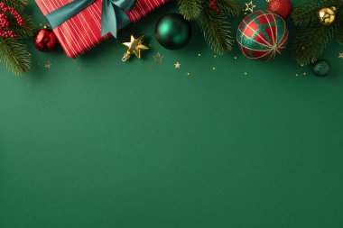 Şenlikli süsler ve Noel için yeşil bir arka plana yerleştirilmiş bir hediye.