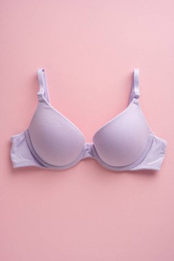 Açık pembe iç çamaşırı sütyeninin entellektüel dikey görüntüsü. Pastel arka planda izole edilmiş, kadınlığı, rahatlığı ve modern zarafeti somutlaştırıyor.