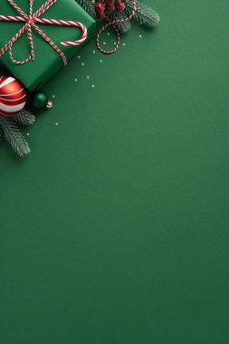 Green vertical minimal background frames a wrapped gift, candy cane, pine sprig, and red ornament ready for Christmas and New Year celebrations
