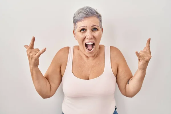 Middle Age Caucasian Woman Standing White Background Shouting Crazy Expression — Stock Photo, Image