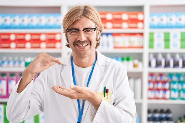 Caucasian Man Mustache Working Pharmacy Drugstore Gesturing Hands Showing Big — Stock Photo, Image