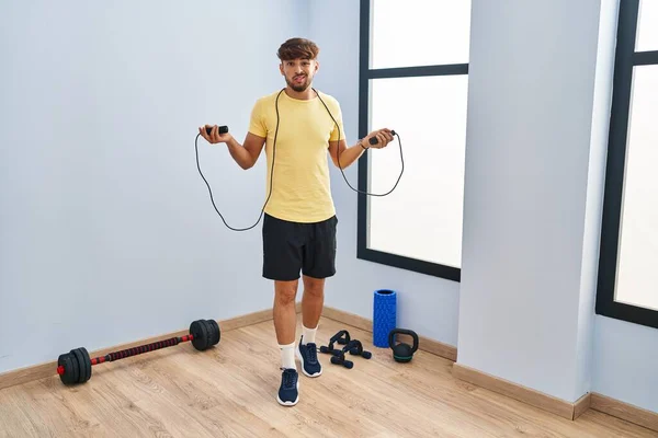 Arab Man Beard Training Jump Rope Clueless Confused Expression Doubt — Stockfoto