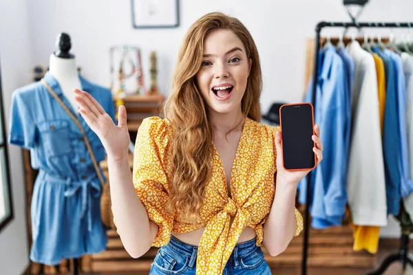 Young Caucasian Woman Retail Shop Using Smartphone Celebrating Victory Happy — Stock Photo, Image