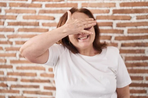 Senior Woman Glasses Standing Bricks Wall Smiling Laughing Hand Face — Photo