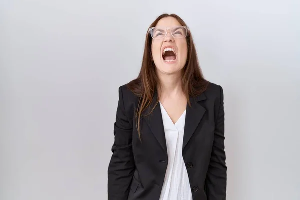 Beautiful Brunette Woman Wearing Business Jacket Glasses Angry Mad Screaming — Stock Photo, Image