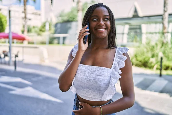 Young African American Girl Smiling Happy Talking Smartphone City — Stock Photo, Image