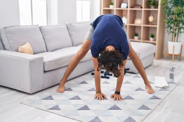 Young Hispanic Man Doing Yoga Exercise Home — Stock Photo, Image