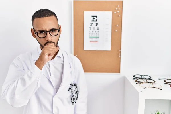 African American Optician Man Standing Eyesight Test Feeling Unwell Coughing — Zdjęcie stockowe