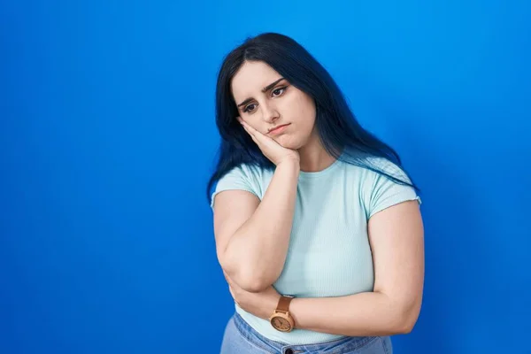 Young Modern Girl Blue Hair Standing Blue Background Thinking Looking — Foto de Stock