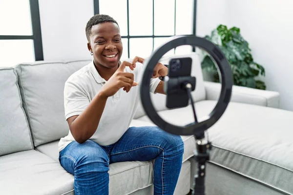 Young African Man Recording Vlog Tutorial Smartphone Home Smiling Love — Foto Stock