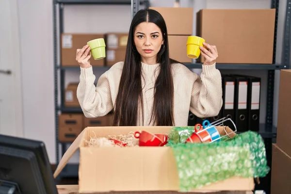 Young Woman Working Small Business Ecommerce Selling Cups Depressed Worry — Stockfoto