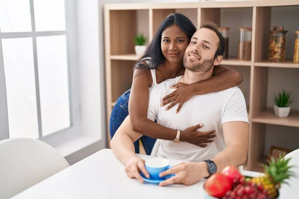Man Woman Interracial Couple Drinking Coffee Sitting Table Home — Stockfoto