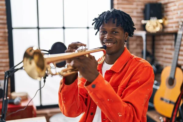 African American Man Musician Playing Trumpet Music Studio — Foto de Stock