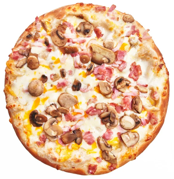 Único Italiano Carbonara Pizza Sobre Fundo Isolado Branco — Fotografia de Stock