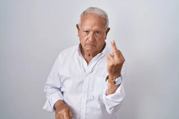 Senior Man Grey Hair Standing Isolated Background Showing Middle Finger — Stockfoto