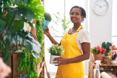 Middle age african american woman florist holding plant at flower shop