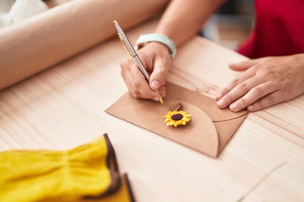Young Blonde Woman Florist Writing Envelope Letter Florist —  Fotos de Stock