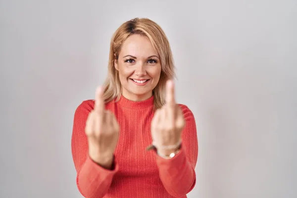 Blonde Woman Standing Isolated Background Showing Middle Finger Doing Fuck — Stock Fotó