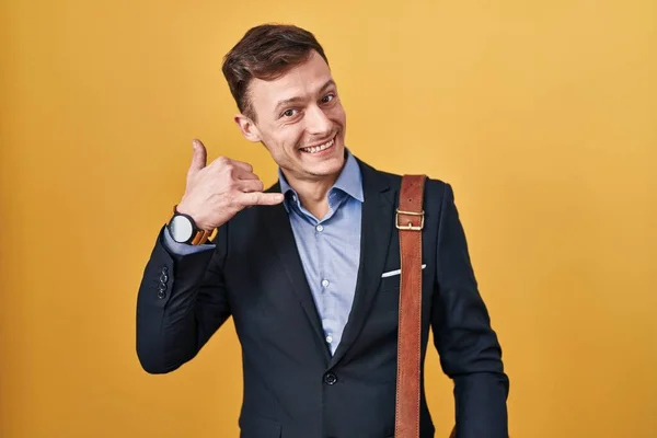 Caucasian Business Man Yellow Background Smiling Doing Phone Gesture Hand — Stock Photo, Image