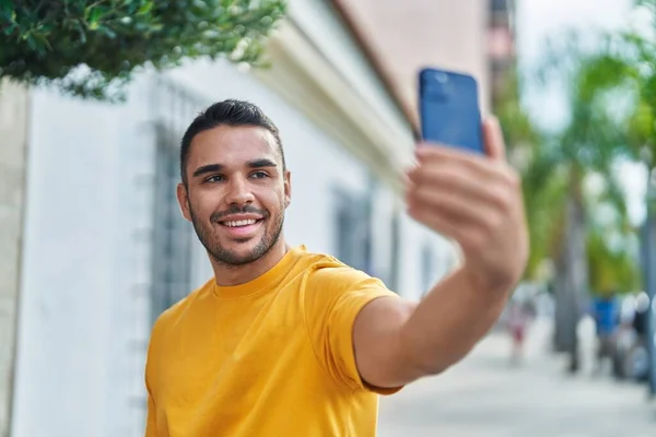 Young Hispanic Man Smiling Confident Making Selfie Smartphone Street —  Fotos de Stock