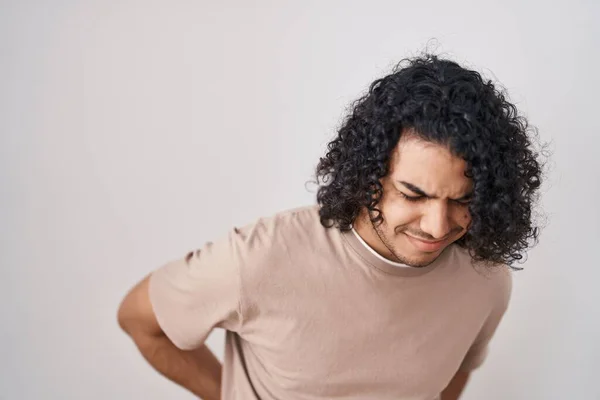 Hispanic Man Curly Hair Standing White Background Suffering Backache Touching — Stock Photo, Image