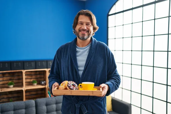 Handsome Middle Age Man Holding Tray Breakfast Food Smiling Happy — Stock Photo, Image