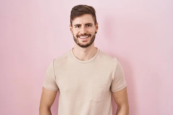 Hispanic Man Beard Standing Pink Background Happy Cool Smile Face — Stockfoto