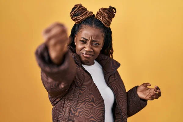African Woman Braided Hair Standing Yellow Background Angry Mad Raising — ストック写真