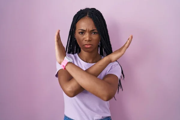 African American Woman Braids Standing Pink Background Rejection Expression Crossing — Zdjęcie stockowe