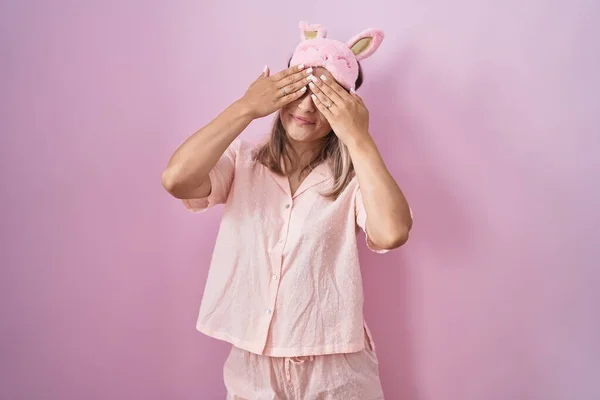 Blonde Caucasian Woman Wearing Sleep Mask Pajama Covering Eyes Hands — 스톡 사진