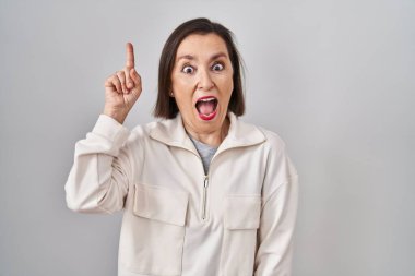 Middle age hispanic woman standing over isolated background pointing finger up with successful idea. exited and happy. number one. 