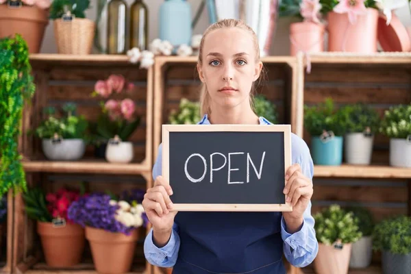 Young Caucasian Woman Working Florist Holding Open Sign Relaxed Serious — Stockfoto