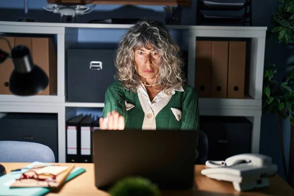 Middle age woman working at night using computer laptop doing stop sing with palm of the hand. warning expression with negative and serious gesture on the face.