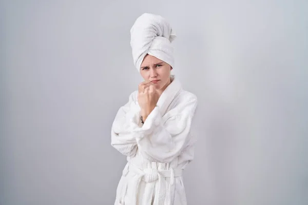 Blonde Caucasian Woman Wearing Bathrobe Ready Fight Fist Defense Gesture — Stock Photo, Image