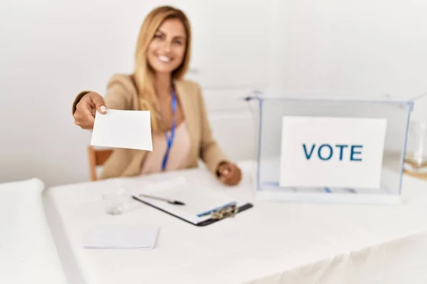 Young Caucasian Politic Party Worker Smiling Happy Holding Vote Electoral — Stock Photo, Image