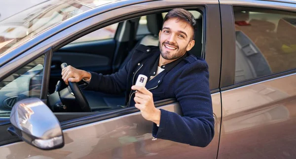 Young Hispanic Man Smiling Confident Holding Key New Car Street — Stockfoto