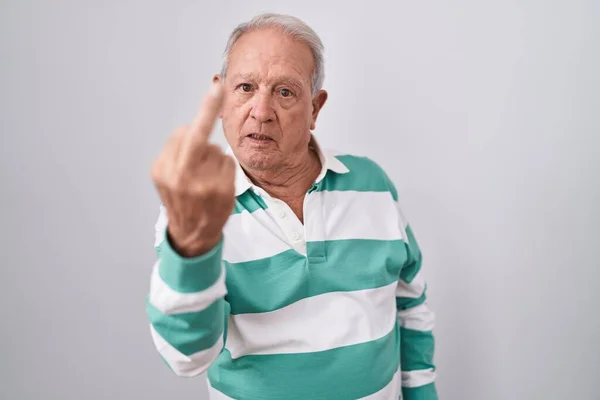 Senior Man Grey Hair Standing White Background Showing Middle Finger — Stockfoto