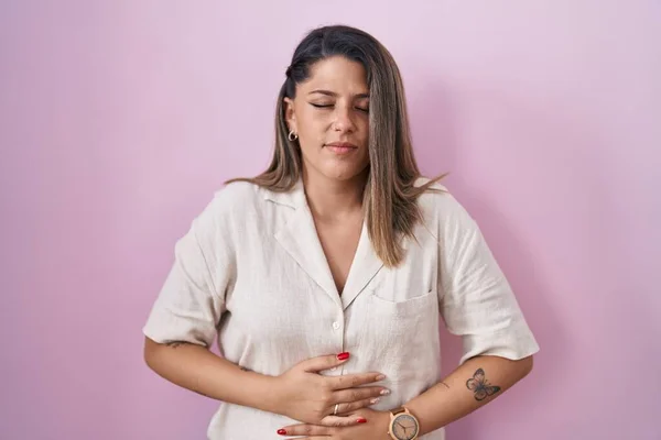 Blonde Woman Standing Pink Background Hand Stomach Because Indigestion Painful — Stockfoto