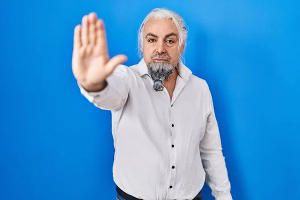 Middle Age Man Grey Hair Standing Blue Background Doing Stop — Zdjęcie stockowe