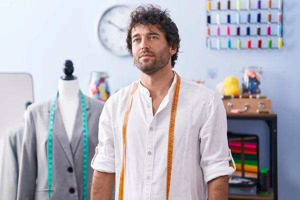 Young Hispanic Man Tailor Standing Serious Expression Clothing Factory — Stock Photo, Image