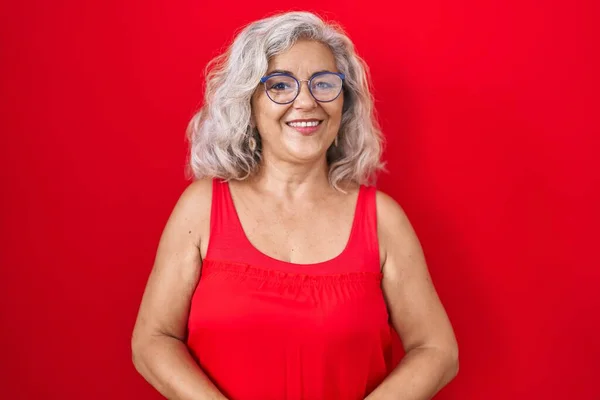 Middle Age Woman Grey Hair Standing Red Background Hands Together — Stock Photo, Image