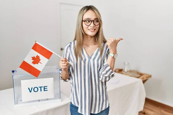 Asian Young Woman Political Campaign Election Holding Canada Flag Pointing — Stock Photo, Image