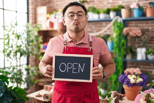 Chinese Young Man Working Florist Holding Open Sign Looking Camera — Foto Stock