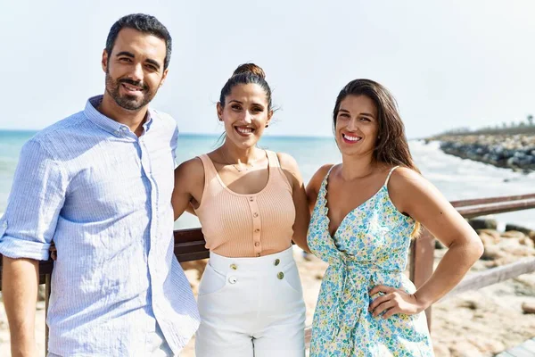 Three Young Hispanic Friends Smiling Happy Hugging Beach — Stock Photo, Image