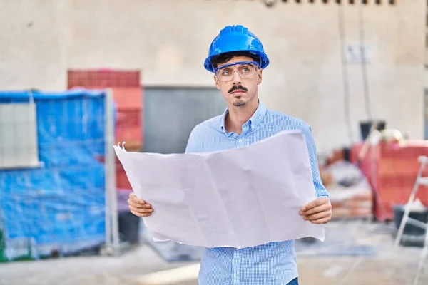 Young Caucasian Man Architect Looking House Plans Street — Stockfoto