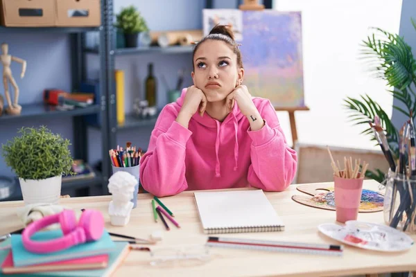 Young Woman Artist Stressed Drawing Notebook Art Studio — Stock fotografie