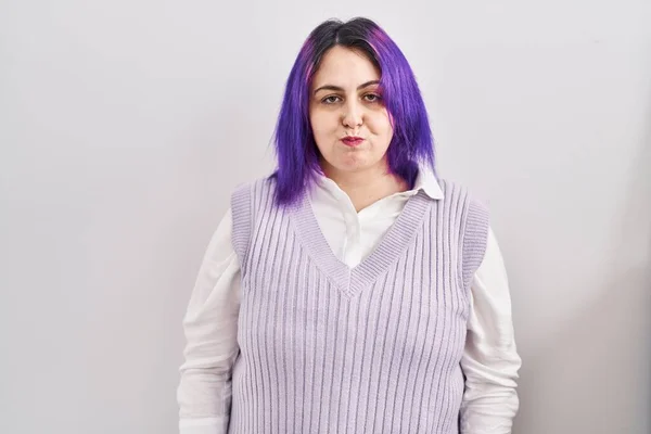 Size Woman Wit Purple Hair Standing White Background Puffing Cheeks — Stockfoto