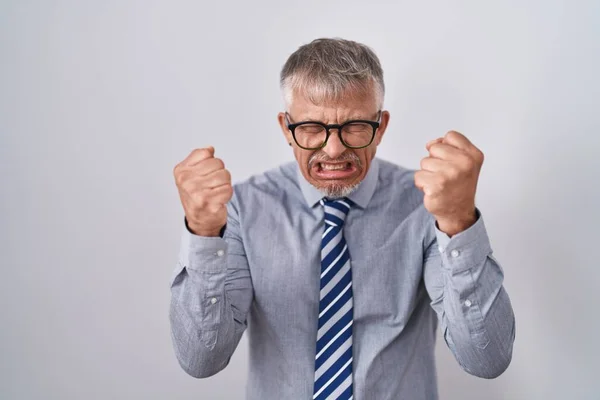 Hispanic Business Man Grey Hair Wearing Glasses Angry Mad Raising — Stock Photo, Image